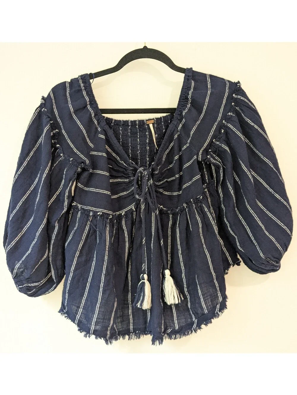Free People Navy Blue Pinstripe Peasant Top